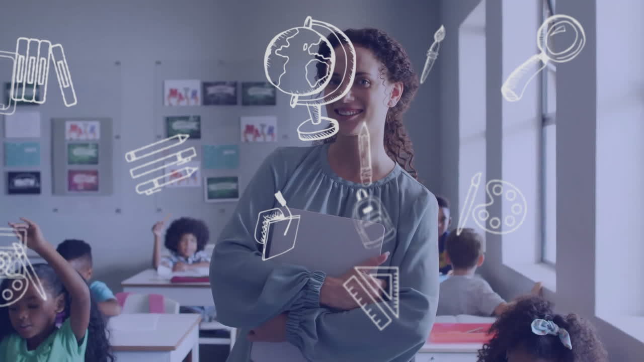 animación de iconos escolares sobre diversas maestras y escolares en el aula