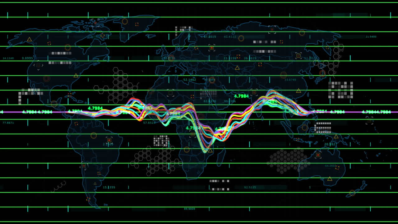 Animation of data processing over world map against black background