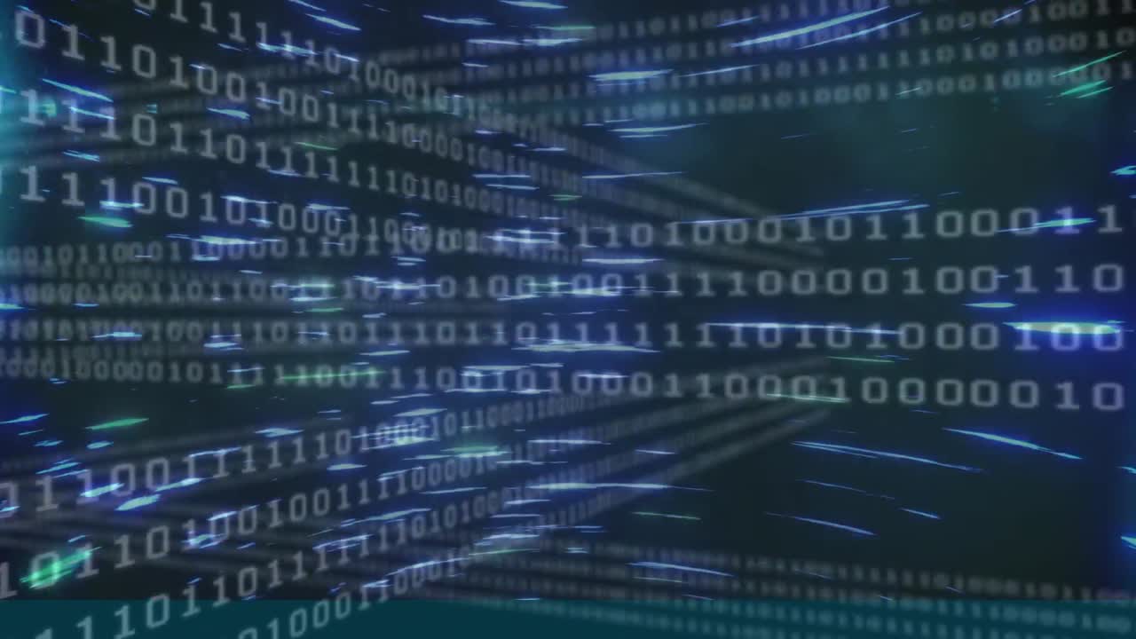 animación de códigos binarios en bucle y patrón de haz circular sobre fondo negro