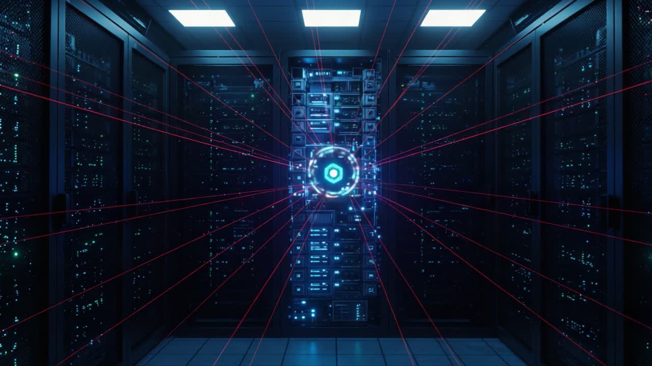 An Intriguing Glimpse into a Futuristic Data Center: A High-Tech Server Unit Surrounded by Pulsing Light Rays Showcasing Cutting-Edge Technology and Connectivity