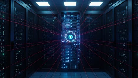an intriguing glimpse into a futuristic data center: a high-tech server unit surrounded by pulsing light rays showcasing cutting-edge technology and connectivity