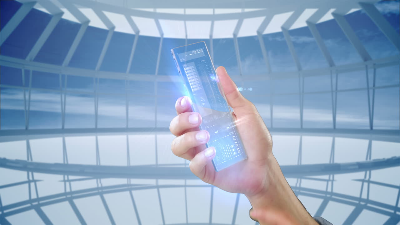 디지털로 생성된 배경을 배경으로 미래의 휴대폰을 손에 들고 있습니다.