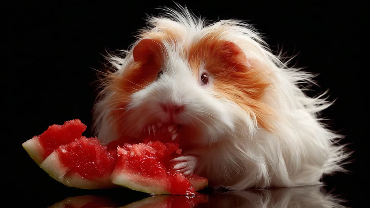 A Delightful Guinea Pig Enjoying Refreshing Watermelon in a Captivating Close-up Shot, Showcasing Its Fluffy Fur and Playful Expression Against a Dark Background