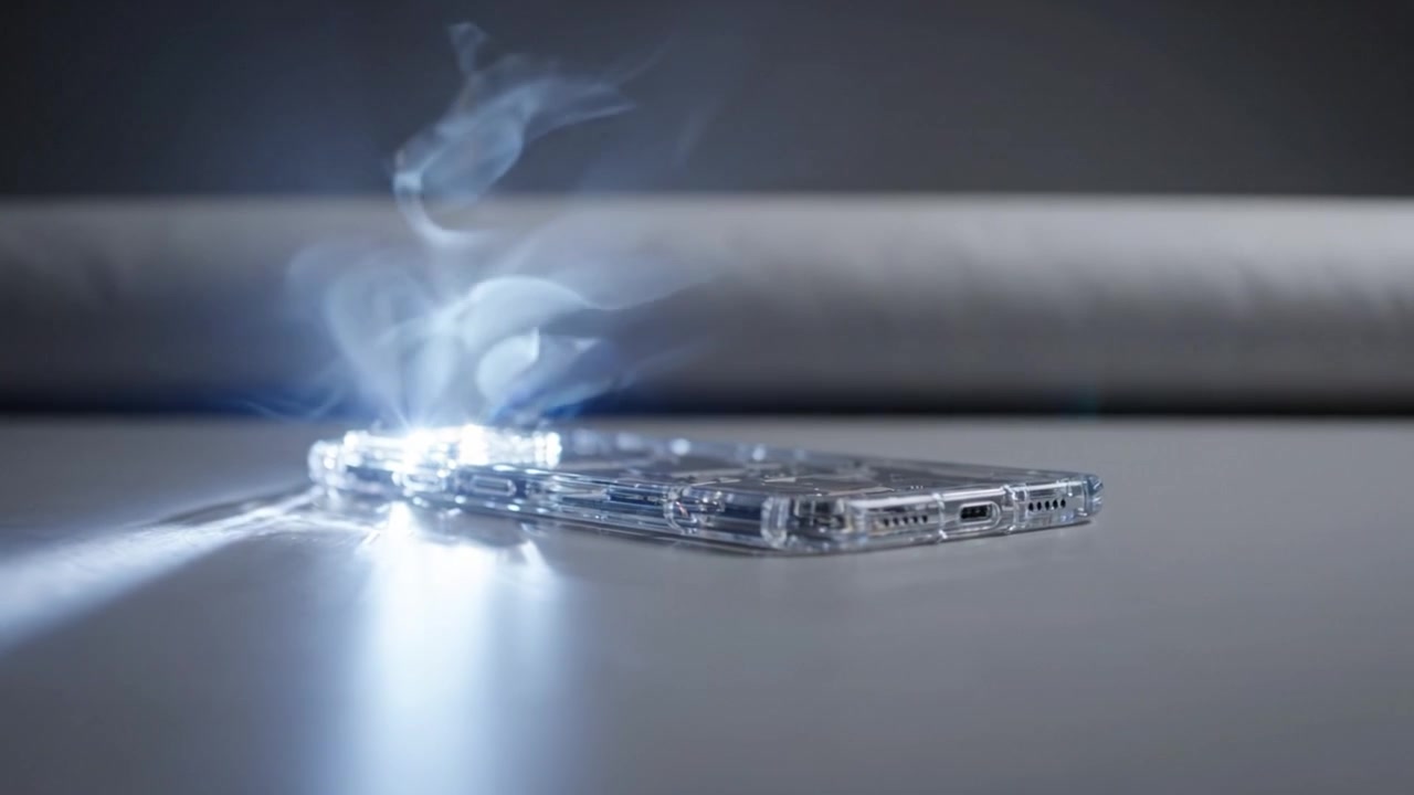 Een transparante smartphone die fel licht projecteert in een schemerige omgeving, met innovatieve technologie en moderne designelementen in actie.
