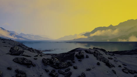 Winter-landscape-with-snow-covered-rocks-at-Arctic-Ocean