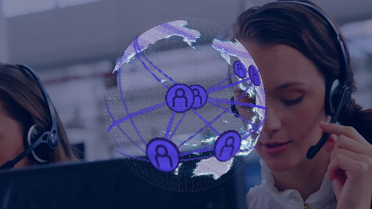 Call center agent speaking into headset causing purple globe drawing pulsing icons routing calls