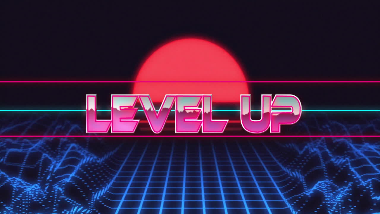 검은 바탕에 디지털 파동과 태양을 통해 레벨 업 텍스트의 애니메이션