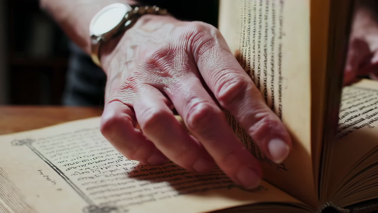 Close-up of hands reading an antique book