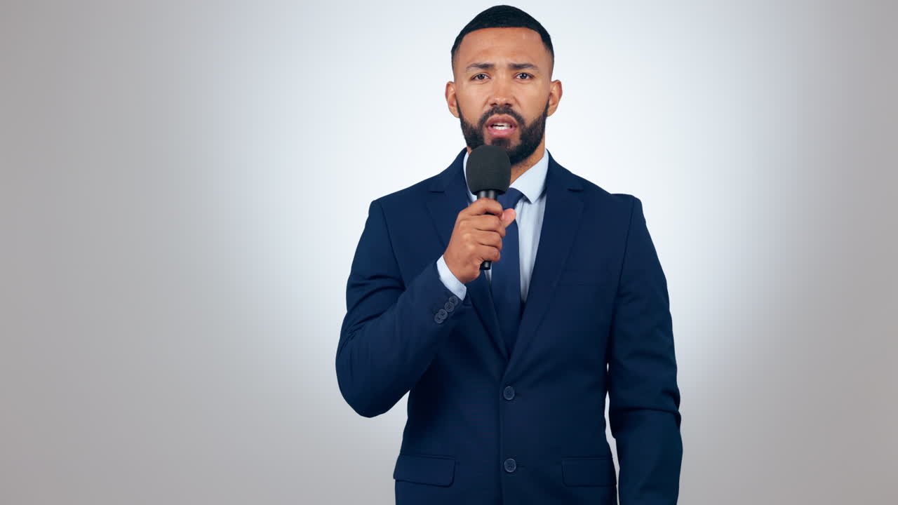 Reporter, face and speaking with microphone