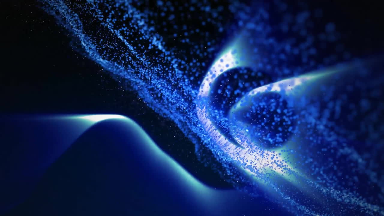 Animation of glowing light spots and blue mesh over black background
