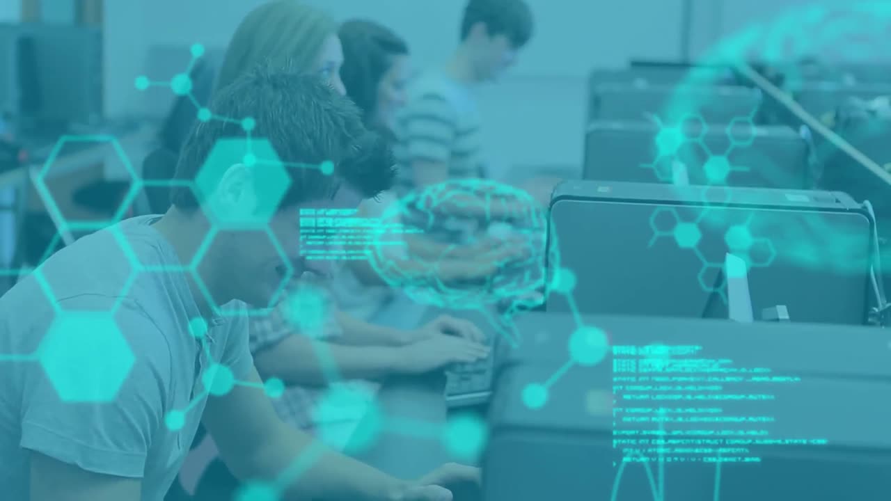 컴퓨터를 사용하는 학생들을 대상으로 과학 데이터 처리의 애니메이션