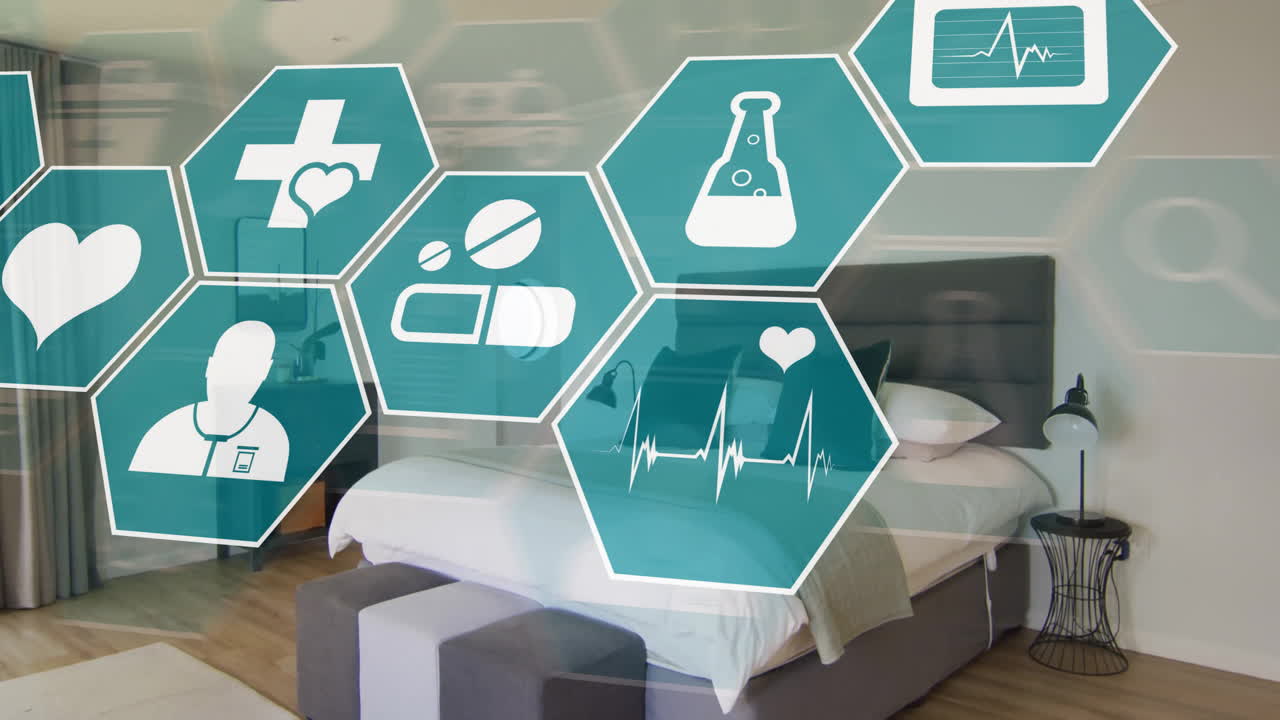 Animation d'un réseau d'icônes médicales au-dessus d'un lit