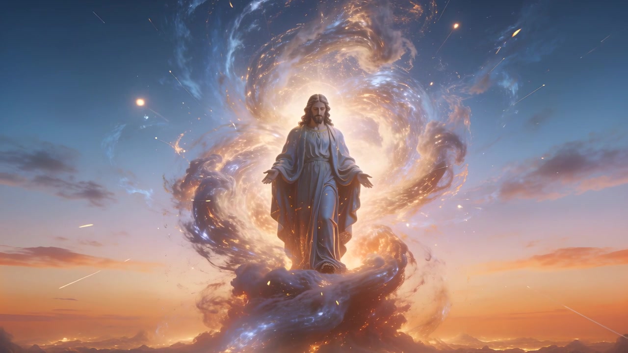 Figura ammantata in piedi con i palmi alzati mentre un vortice si forma alla base di una nuvola all'alba, evocando la luce.