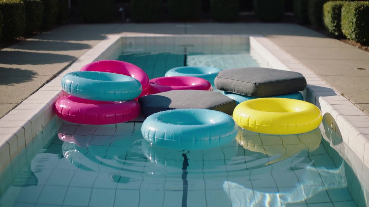 Rippling water causing inflatable rings and cushions rotating in home lap pool, sunlight glinting
