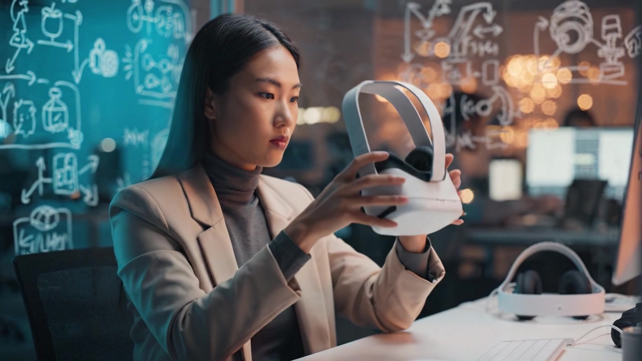 Sviluppatrice innovativa impegnata in un'esperienza di realtà virtuale, che presenta tecnologia all'avanguardia e un moderno spazio di lavoro con elementi interattivi e un atteggiamento entusiasta