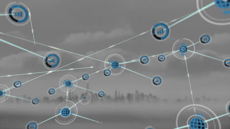 animación de la red de conexiones y procesamiento de datos sobre el fondo del paisaje urbano
