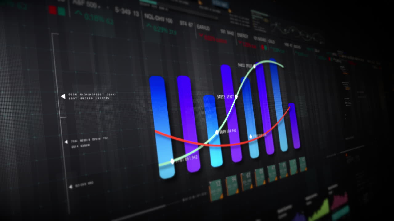 visuales de datos dinámicos para gráficos de información de negocios, gráficos animados e insights basados en datos para una maqueta de reunión de negocios. explore el mundo del comercio, las bolsas de valores y la criptografía