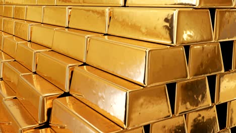 golden bullions in a mountain of gold seamless. looped 3d animation of beautiful gold bars growing high with yellow reflections. banking and wealth concept.