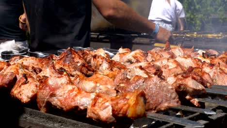 shish kebab cooked on the grill in nature. street food. meat grilled on skewers