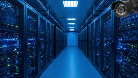 a high-tech data center environment showcasing rows of illuminated servers and surveillance equipment in a modern network infrastructure
