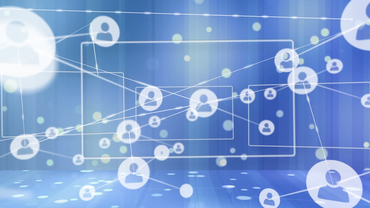 보케와 함께 파란색 디지털 인터페이스에서 직사각형으로 점을 연결하는 프로필 아이콘의 애니메이션