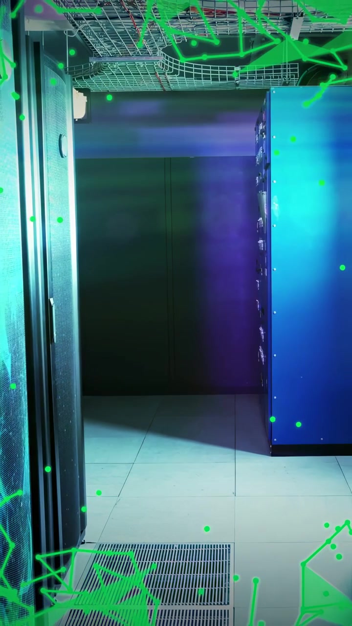 Vertical video: Camera panning IT room sparking green nodes over blue rack showing load fading