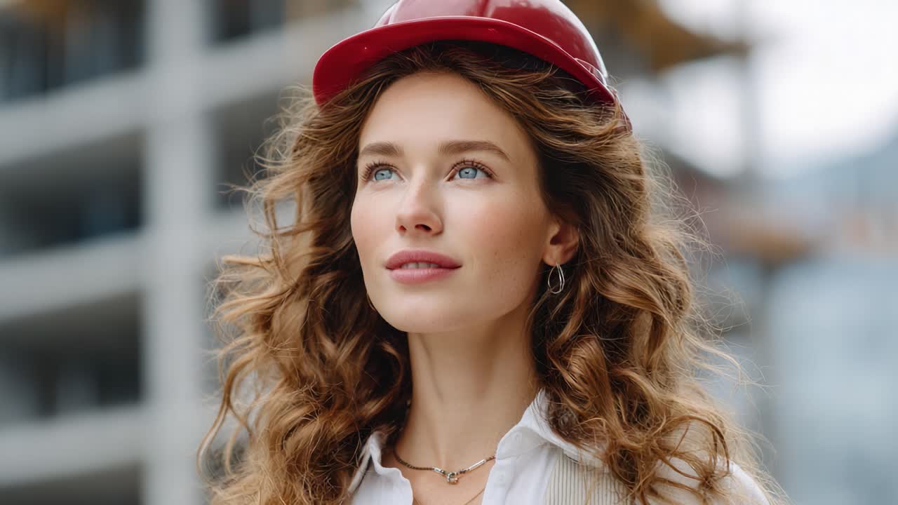 Captivating Portrait of a Young Woman in a Hard Hat, Exuding Confidence and Poise Amidst an Urban Construction Background