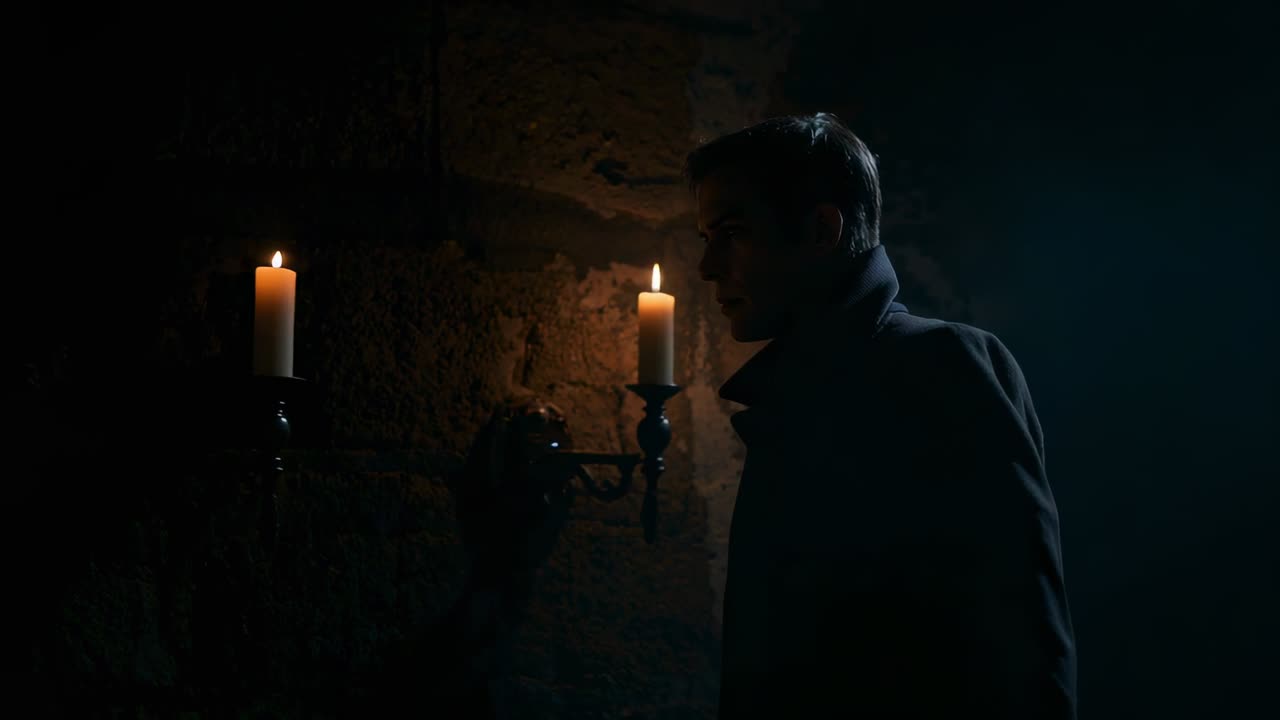 Lone man wearing coat inspecting flickering candle sconces and stone wall in corridor, copy space