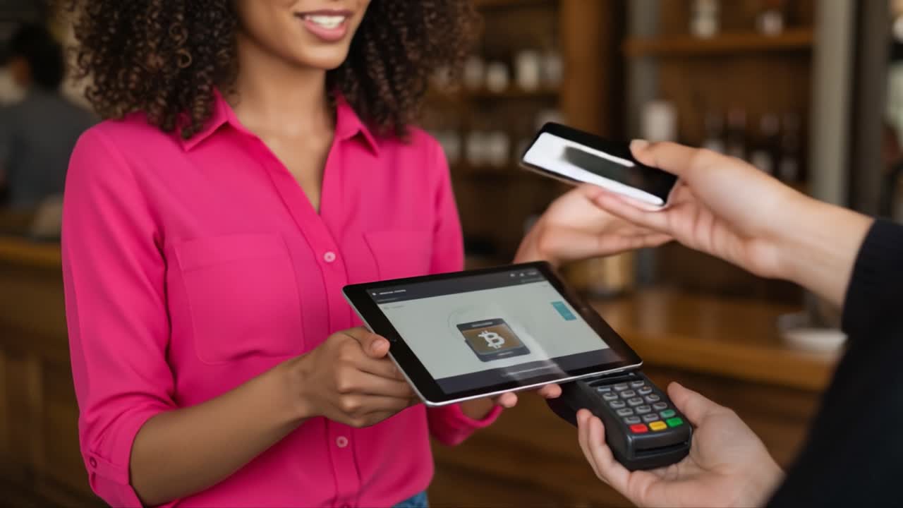 Customer making a digital payment with Bitcoin using a tablet at a retail point of sale