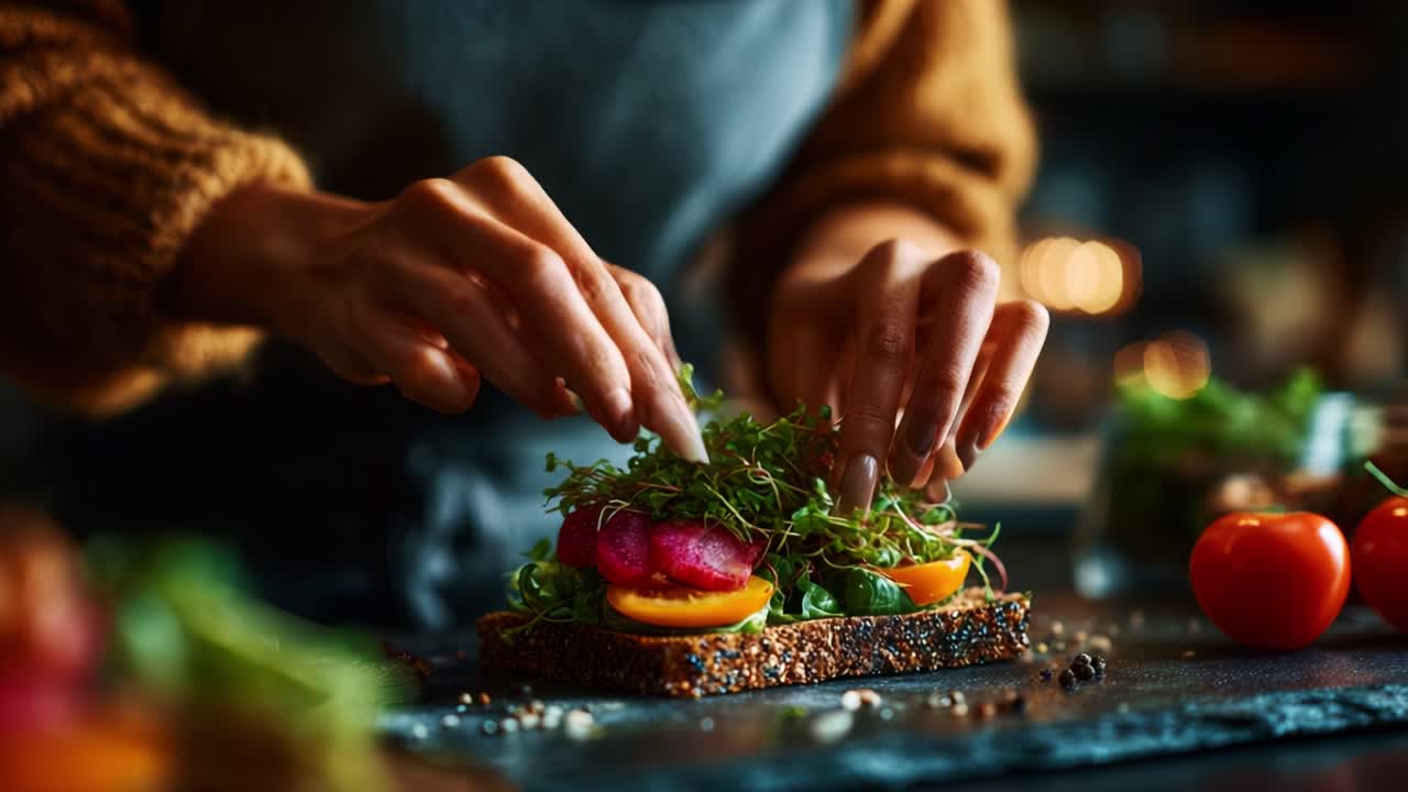 A Culinary Delight: Crafting a Beautiful, Fresh Open-Faced Sandwich with Vibrant Vegetables and Herbs, Showcasing the Art of Food Preparation and Presentation