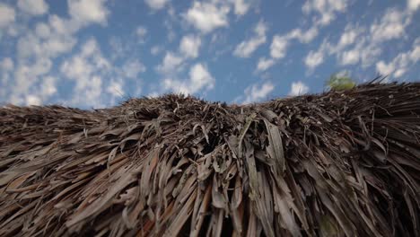 close-up from bottom to top of traditional indigenous thatch wooden hut roof with blue sky in background