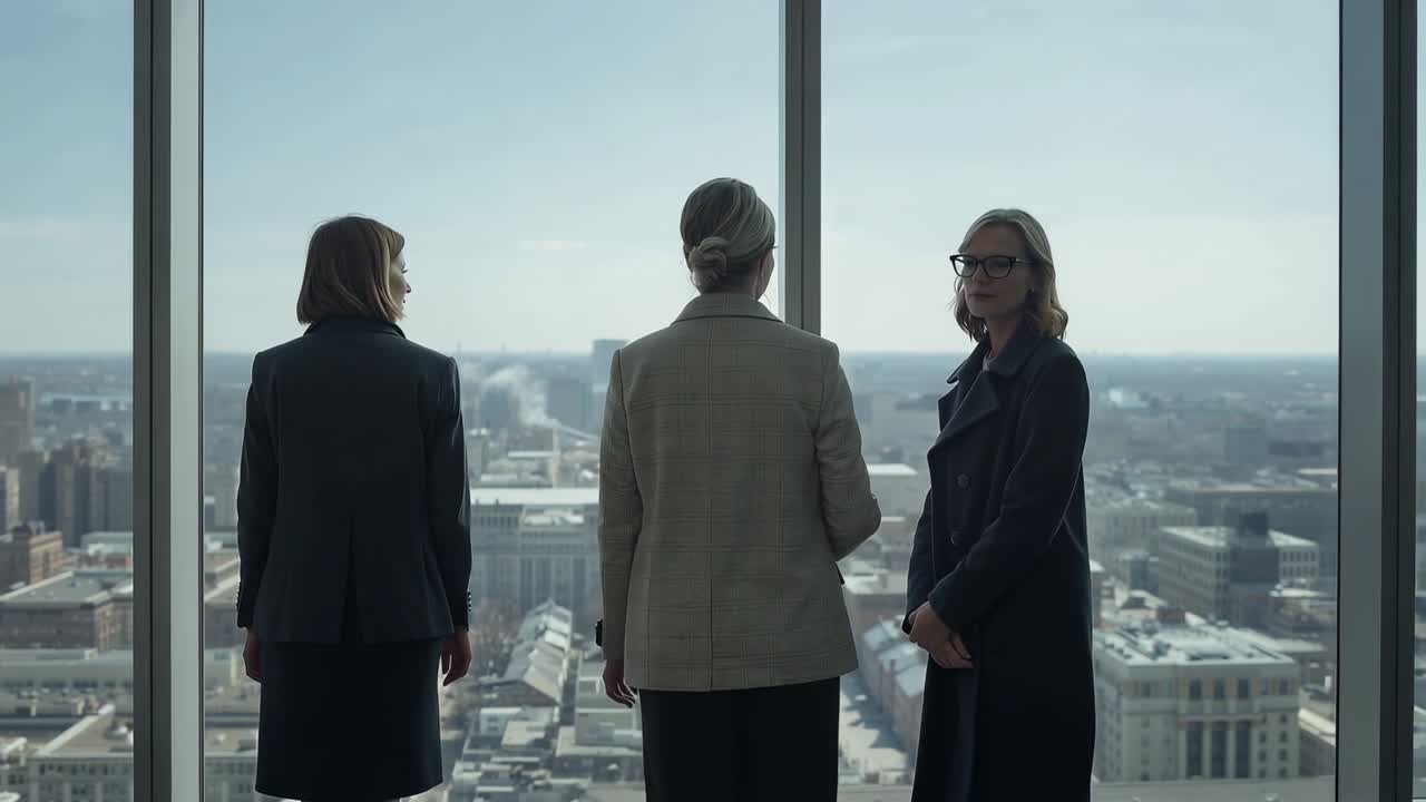 Starting frame showing three women in suits shifting, observing skyline from upper floor, glasses
