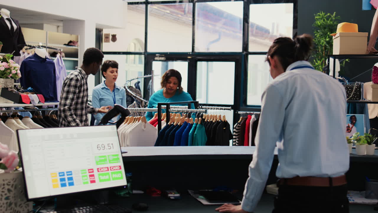 trabajador de una tienda ayudando a una pareja