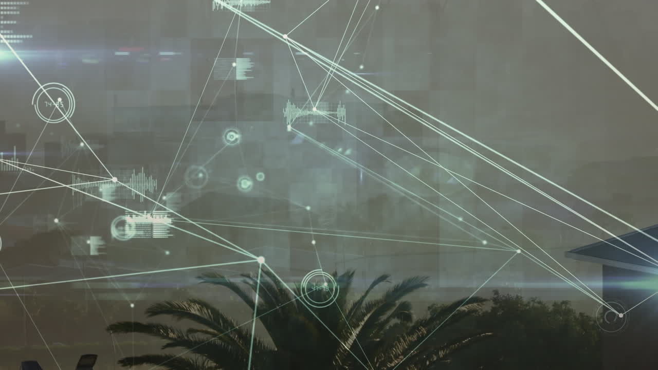 animación de la red de conexiones y procesamiento de datos frente a una vista aérea del paisaje urbano