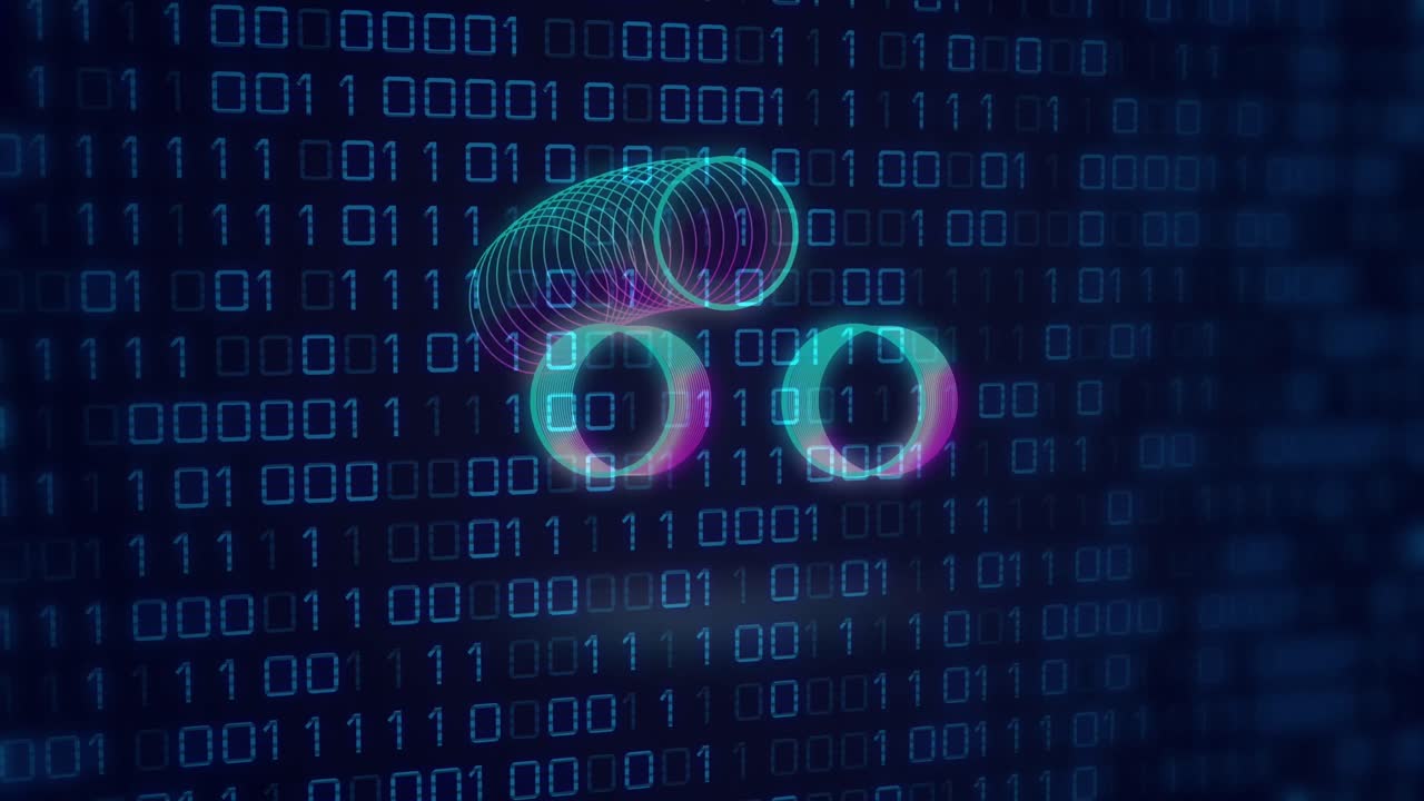 Animation of neon circles over binary code on digital screen