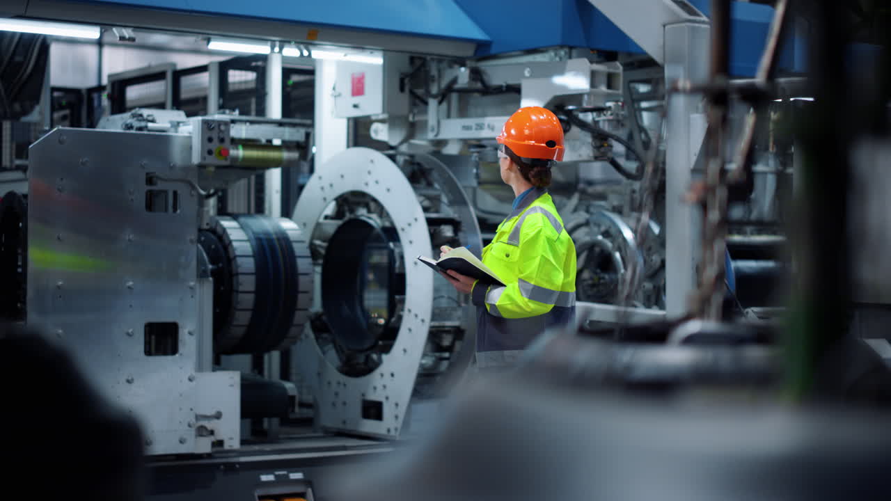 Focused engineer writing notebook in big manufacture production facility.