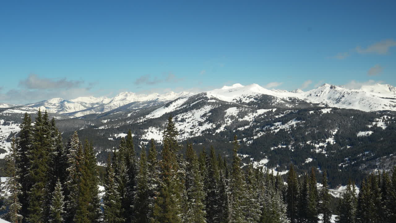 Top of Copper Mountain American Flyer lift cinematic pan to the right Vail Pass Gore Range Colorado Rocky Mountains late winter early morning bluebird fresh snow beautiful scenic landscape