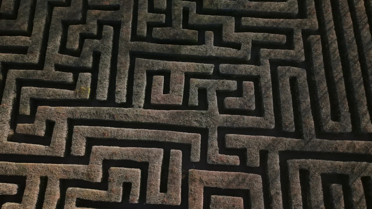Geometric hedge maze pattern with narrow paths and dense trimmed hedges, drone top down tracking pan