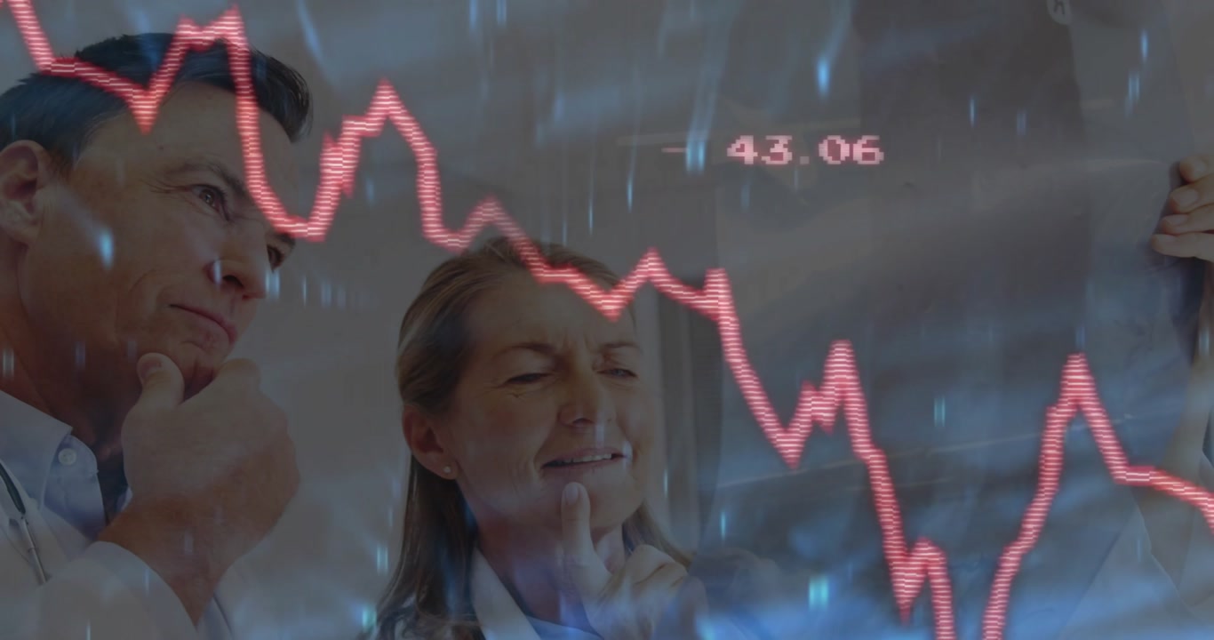 Senior woman doctor tapping display showing red line animation male doctor studying health data