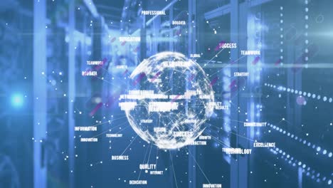 animation of globe with business texts over server room