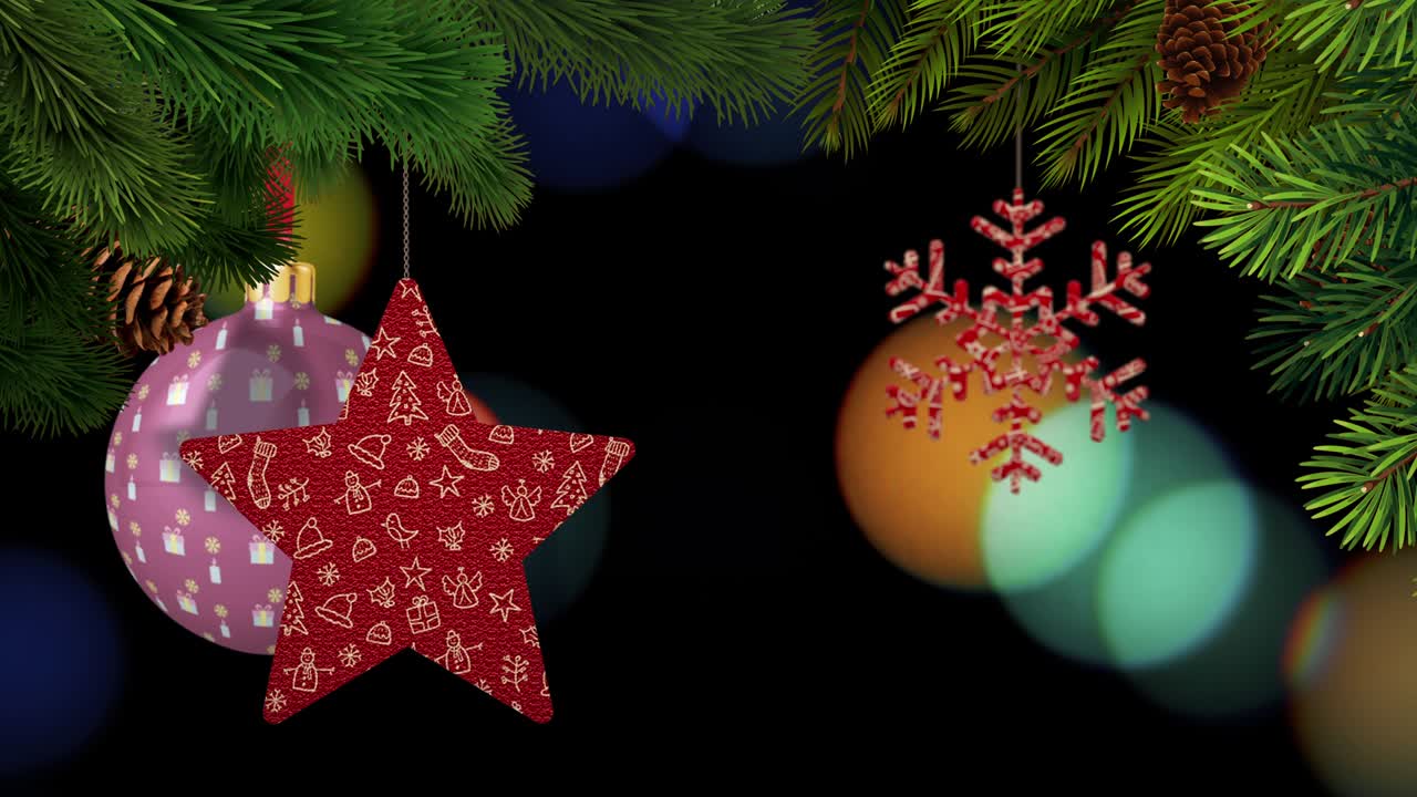 los adornos de navidad y los pinos se balancean en un fondo bokeh en bucle