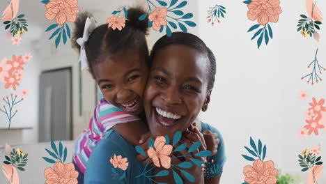 animación de flores rosadas sobre sonriente hija afroamericana y madre a hombros