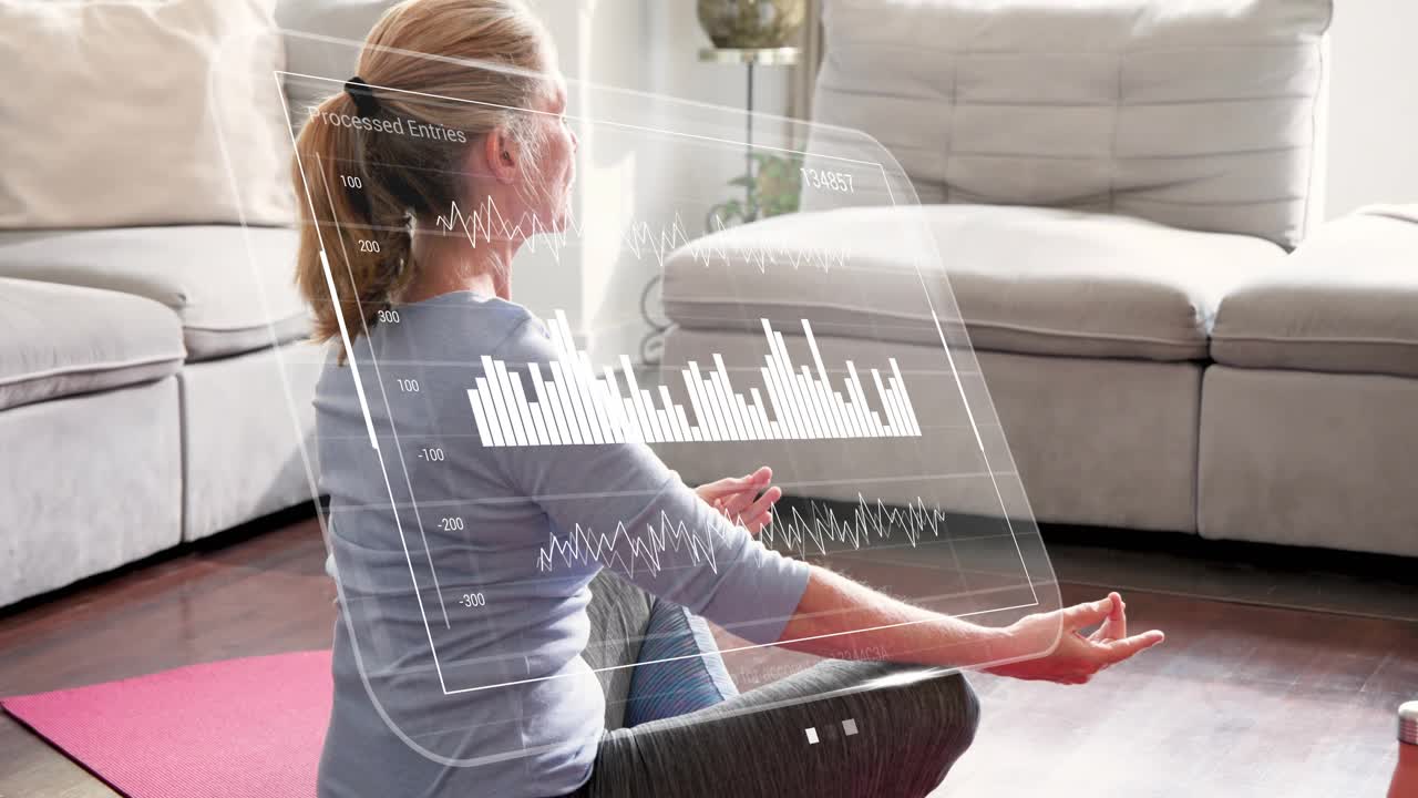 Mature adult woman pressing palms, extending arms as HUD appears, charts updating for wellness