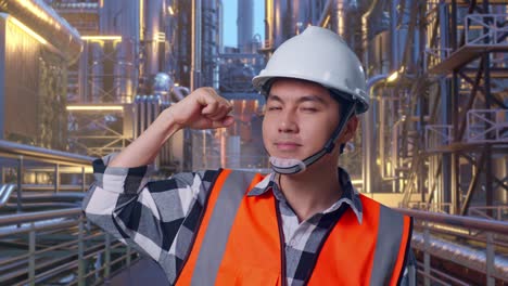 close up of asian male engineer with safety helmet flexing his bicep and smiling to camera while standing at a vast oil refinery