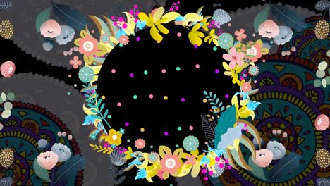 Animation-of-spinning-circle-with-floral-pattern-and-flowers-on-patterned-background