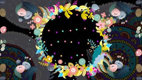 animación de un círculo giratorio con patrón floral y flores en un fondo estampado