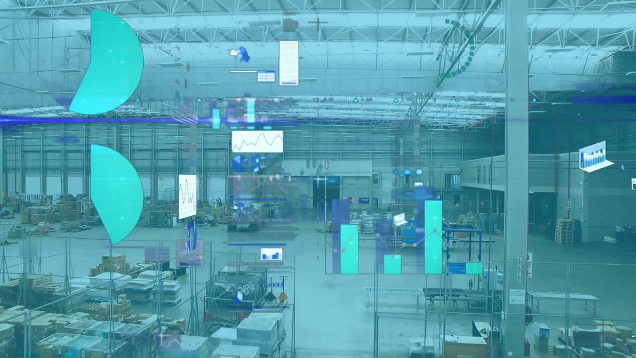 Animation of statistical data processing against aerial view of a warehouse