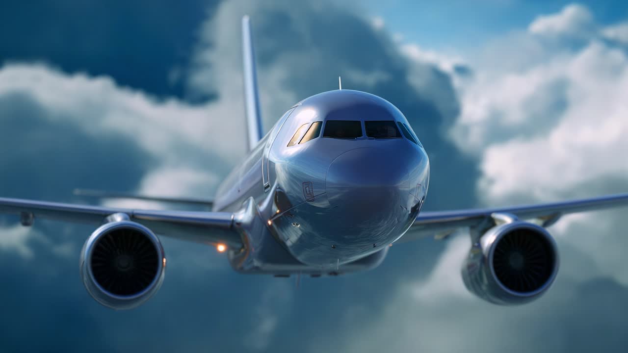 Una straordinaria vista ravvicinata di un aereo moderno che solca cieli ricchi di nubi, mettendo in mostra il suo design elegante e i potenti motori in un cielo maestoso