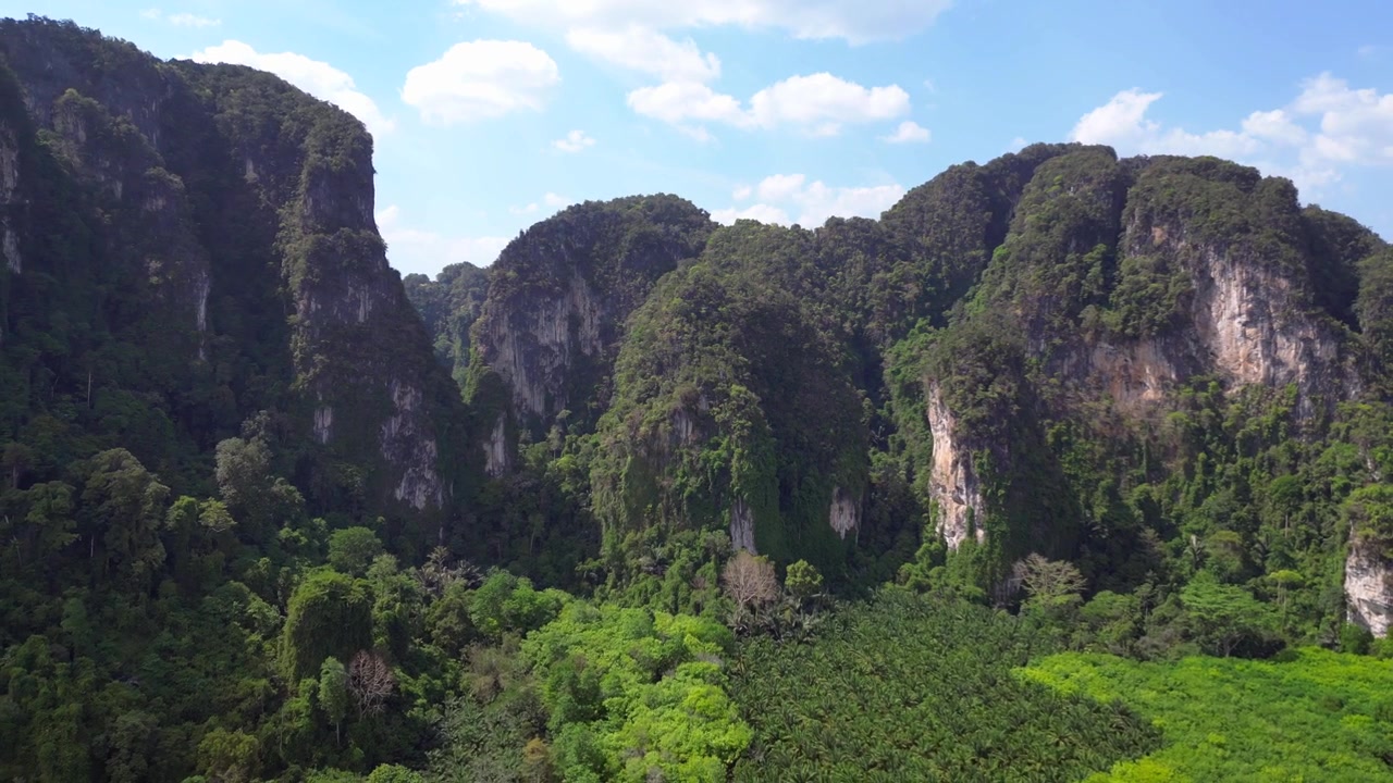 Tayland, Krabi'de yükselen kireçtaşı dağlarının altında vadi tabanını kaplayan gür yeşil orman. Muhteşem havadan görünüm, ters drone uçuşu.