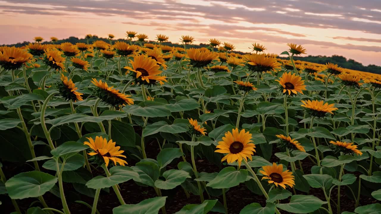 Un video con un'inquadratura dal basso riprende un vasto campo di girasoli al tramonto, mettendo in risalto le vivaci fioriture